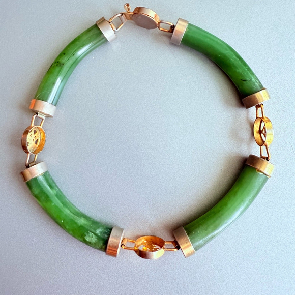 Jewelry - 4 Lucky Wishes Natural Green Jade Nephrite Gold Tone Link Vintage Bracelet